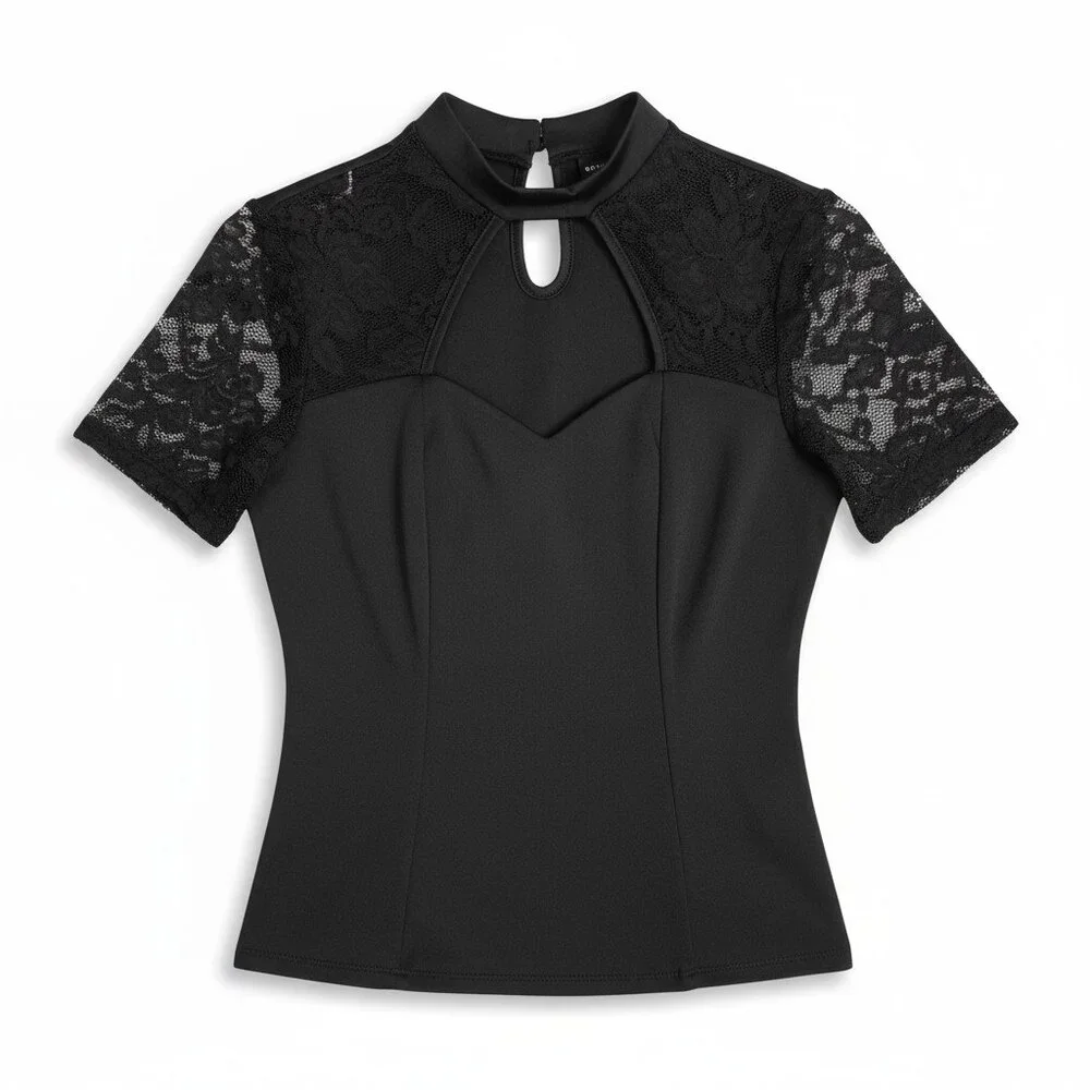 SHEIN Black Lace Keyhole Neckline Short Sleeve Top Mock Neck Small Evening Party - Picture 4 of 7